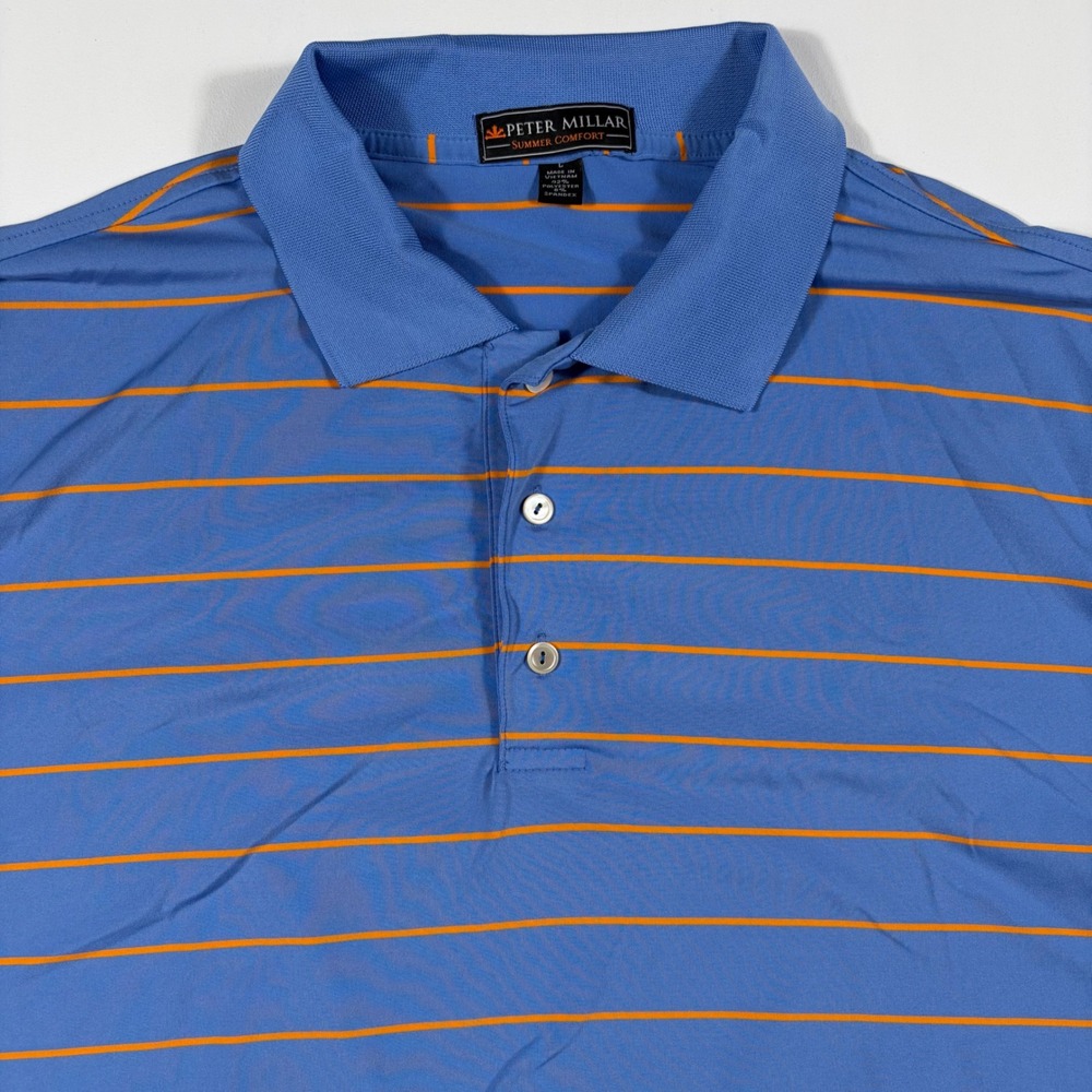 Peter Millar Polo Shirt Mens Large Summer Comfort Striped Blue Orange